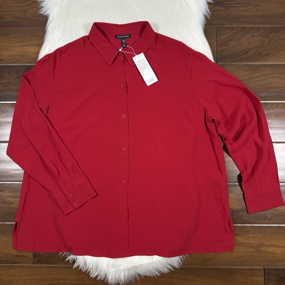Eileen Fisher Size Large Scarlet Silk Georgette Classic Collar Long Sleeve Shirt